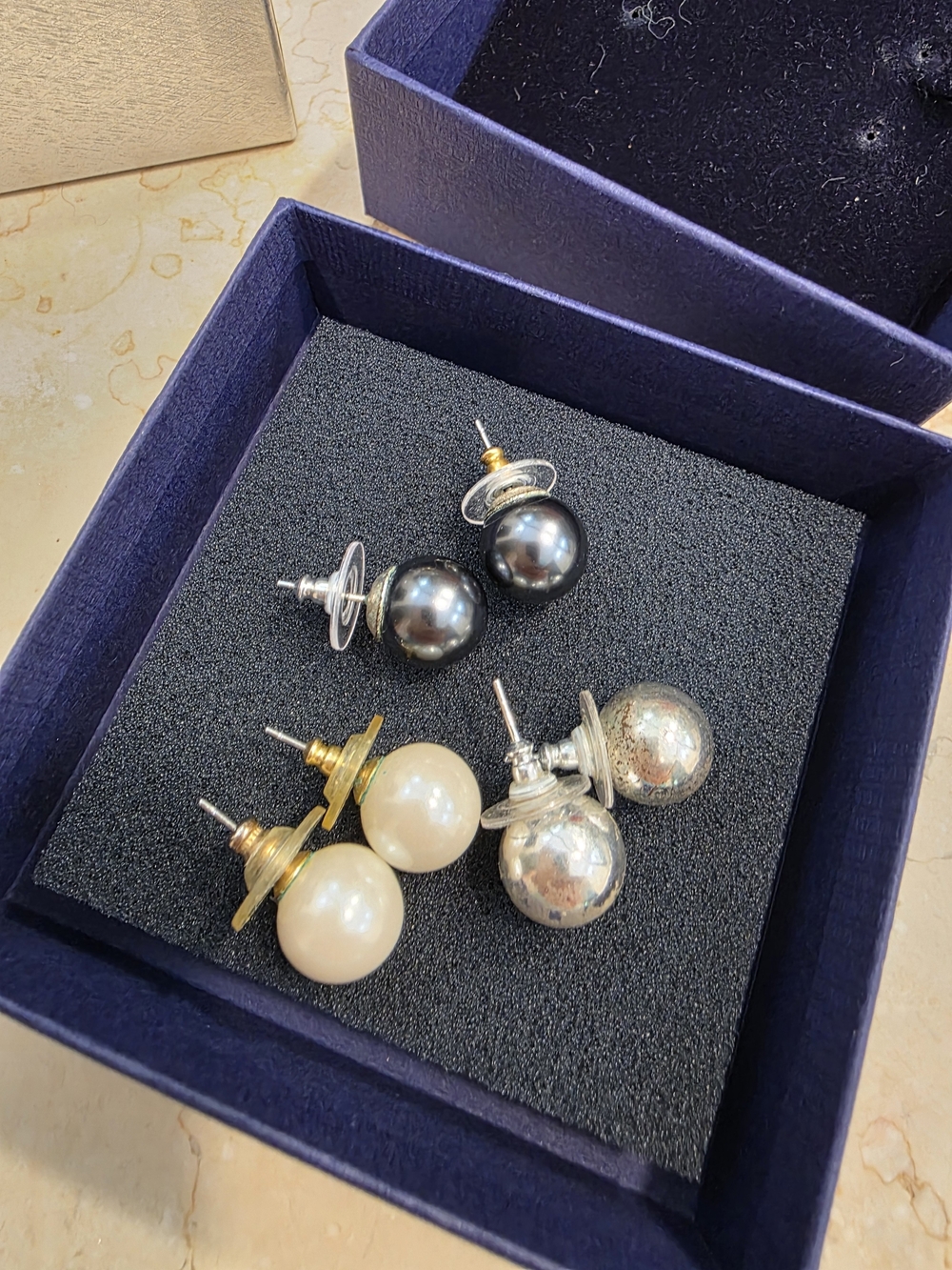 Elegant Pearl and Metallic Double-Sided Stud Earrings - White, Black, Silver